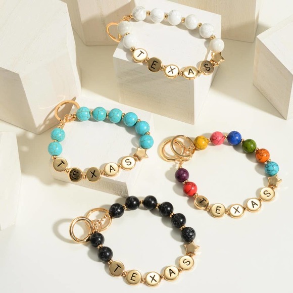 Multicolor Semi-Precious Natural Stone Beaded 'Texas' State Keychain Bracelet - Picture 3 of 3